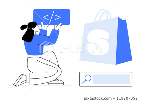 Woman holding coding symbol sitting next to a shopping bag and a search bar. Ideal for website development, e-commerce, coding, online shopping, digital marketing. Minimalist modern design 119207352