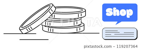 Stack of coins accompanied by a blue speech bubble with the text Shop and a rectangular text element. Ideal for business, finance, shopping, e-commerce, and monetary education themes. Linear art Stack of coins accompanied by a blue speech bubble with the text Shop and a rectangular text element. Ideal for business, finance, shopping, e-commerce, and monetary education themes. Linear art 119207364