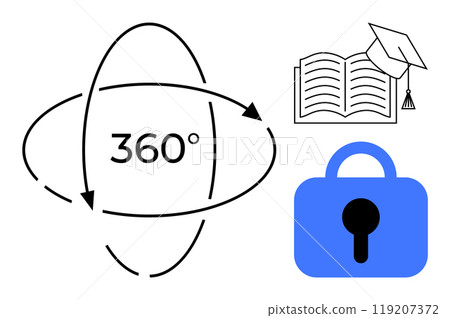 Circular 360-degree rotation arrows beside an open book with a graduation cap next to a blue padlock. Ideal for education, security, online learning, data protection, and comprehensive access Circular 360-degree rotation arrows beside an open book with a graduation cap next to a blue padlock. Ideal for education, security, online learning, data protection, and comprehensive access 119207372