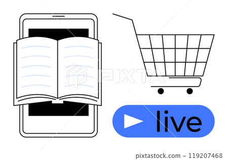 Open book on a tablet and a shopping cart next to a live stream button. Ideal for e-learning, online shopping, digital media, mobile technology, and live streaming themes. Simple line art style 119207468