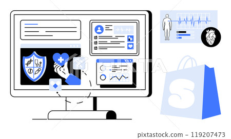 Computer screen displaying digital health services, healthcare apps, and medical data. Also includes a shopping bag. Ideal for online health, medical apps, telemedicine, E-commerce, tech innovation 119207473