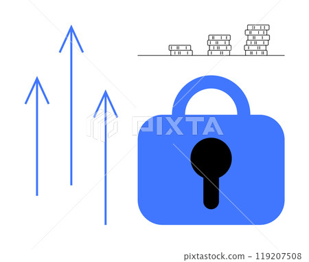 Blue arrows representing growth, stacks of coins symbolizing financial gains, and a blue lock denoting security. Ideal for finance, investment, security, economic growth, savings. Simple vector style 119207508