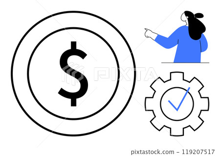 Large dollar sign encircled, character in blue pointing to the right, gear cog with a blue checkmark inside. Ideal for business, finance, productivity, success, investment. Simple modern style Large dollar sign encircled, character in blue pointing to the right, gear cog with a blue checkmark inside. Ideal for business, finance, productivity, success, investment. Simple modern style 119207517