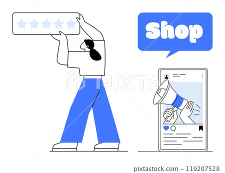 Person holding five-star rating graphic beside a smartphone displaying a megaphone and Shop sign. Ideal for online shopping, digital marketing, social media engagement, customer reviews, e-commerce Person holding five-star rating graphic beside a smartphone displaying a megaphone and Shop sign. Ideal for online shopping, digital marketing, social media engagement, customer reviews, e-commerce 119207528