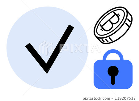 Black checkmark inside a blue circle, Bitcoin coin, and blue padlock symbol are visible. Ideal for digital currency, security, blockchain, safety, and financial themes. Modern vector style Black checkmark inside a blue circle, Bitcoin coin, and blue padlock symbol are visible. Ideal for digital currency, security, blockchain, safety, and financial themes. Modern vector style 119207532