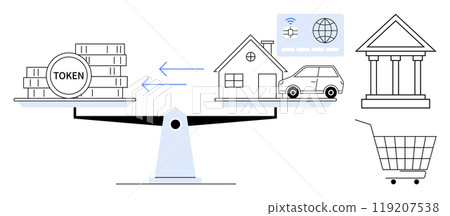 A scale balancing tokens on one side and a house and car on the other. Nearby are a bank, shopping cart, and globe with computer icons. Ideal for finance, cryptocurrency, economics, blockchain 119207538