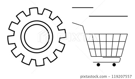Gear wheel and shopping cart outline. Ideal for E-commerce, Marketing, Technology, Shopping, Retail. Black and white, minimalist style 119207557