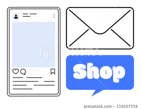 Mobile screen with social media post, outlined email envelope and blue speech bubble with Shop text. Ideal for e-commerce, social media, digital marketing, email campaigns, online shopping. Modern Mobile screen with social media post, outlined email envelope and blue speech bubble with Shop text. Ideal for e-commerce, social media, digital marketing, email campaigns, online shopping. Modern 119207558