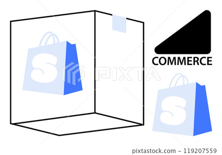 Shopping bag symbol inside transparent box with tape and Commerce text nearby. Ideal for online shopping, retail business, digital marketing, e-commerce platforms, and technology integration. Simple 119207559