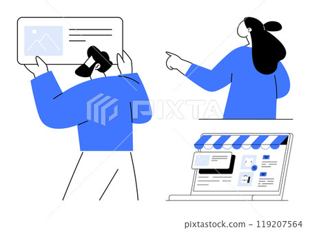 Two people working on web design. One person holds a webpage wireframe while another points at ideas. A laptop displays a webpage prototype with different elements laid out. Ideal for web design 119207564