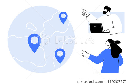 A map with location pins, a man using a laptop, and a woman pointing. Ideal for themes business, teamwork, global communication, navigation, technology. Simple, clean style 119207571