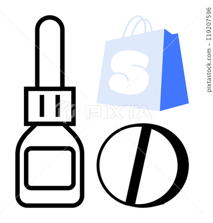 Medicine bottle, tablet, and shopping bag symbol. Ideal for healthcare, e-commerce, medical supplies, online shopping, pharmaceutical themes. Simple clean style 119207596