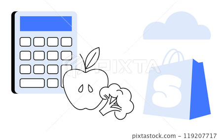 A calculator, apple, broccoli, and shopping bag with an S logo. Ideal for healthy eating budgeting nutrition smart shopping and financial planning. Simple, modern style 119207717