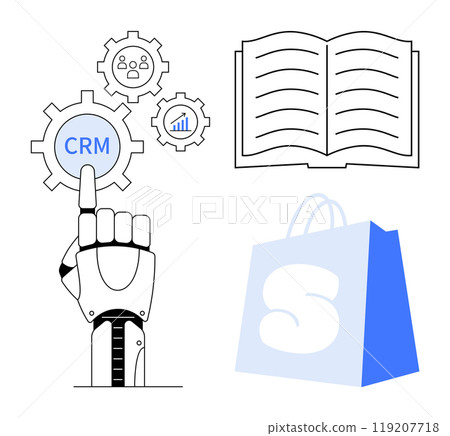 A robotic hand pointing to a CRM icon within a gear, alongside smaller gears showing user engagement and data analytics. An open book and a shopping bag are also visible. Ideal for automation 119207718