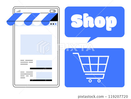 Mobile device screen displaying an online shopping page under an awning, Shop in a speech bubble, and a shopping cart icon. Ideal for e-commerce, digital marketing, online store design, retail Mobile device screen displaying an online shopping page under an awning, Shop in a speech bubble, and a shopping cart icon. Ideal for e-commerce, digital marketing, online store design, retail 119207720