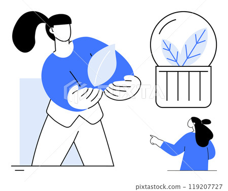 A woman holding a large leaf with a globe featuring leaves. A smaller woman points at the globe. Ideal for sustainability, eco-friendly practices, environmental awareness, nature conservation, green A woman holding a large leaf with a globe featuring leaves. A smaller woman points at the globe. Ideal for sustainability, eco-friendly practices, environmental awareness, nature conservation, green 119207727