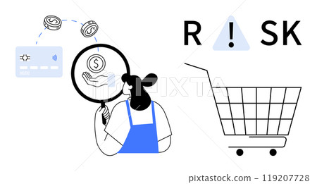Person holding a magnifying glass examining financial transactions with a shopping cart and risk warning symbol. Ideal for financial literacy, shopping safety, online transactions, consumer 119207728