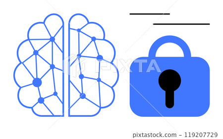 Blue neural network brain graphic adjacent to a blue lock icon. Ideal for cybersecurity, machine learning, AI protection, data security, and cognitive technology themes. Simplistic design, clean 119207729