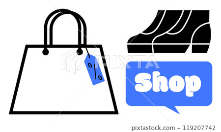 Shopping bag with a discount tag next to a pair of shoes and a speech bubble saying Shop. Ideal for retail, discounts, shopping, e-commerce, fashion. Simple and modern style 119207742