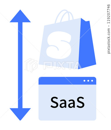Blue arrow beside shopping bag with S symbol above SaaS browser window. Ideal for cloud computing, e-commerce, software services, technological advancement, modern business solutions. Simple, clean Blue arrow beside shopping bag with S symbol above SaaS browser window. Ideal for cloud computing, e-commerce, software services, technological advancement, modern business solutions. Simple, clean 119207746