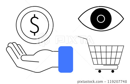 Hand holding a dollar symbol, an eye, and a shopping cart suggest themes of finance, investment, economy, transaction, and surveillance. Ideal for business, finance, commerce, investment, marketing Hand holding a dollar symbol, an eye, and a shopping cart suggest themes of finance, investment, economy, transaction, and surveillance. Ideal for business, finance, commerce, investment, marketing 119207748