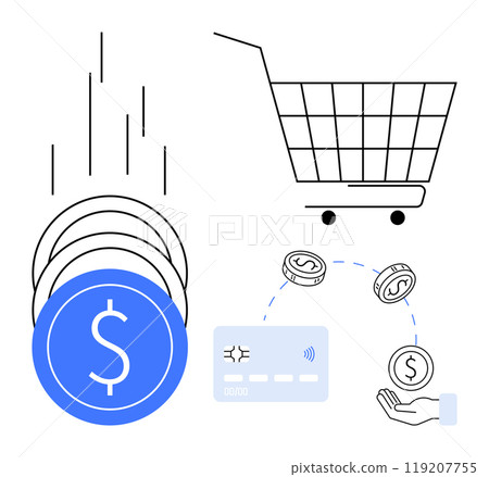 Shows coins with dollar symbols, a shopping cart, a hand holding a coin, and a card indicating digital payments. Ideal for e-commerce, finance, digital transactions, mobile payments, online shopping 119207755
