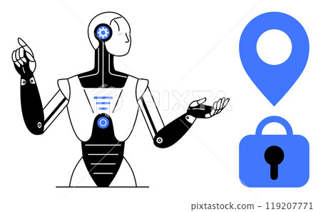 Robot with mechanical gears and circuits pointing at blue lock and location symbols. Ideal for robotics, cyber security, data privacy, artificial intelligence, and navigation technology. Minimalist 119207771