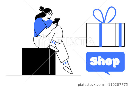 A woman is sitting and using her mobile phone while a gift box and shop sign are next to her. Ideal for online shopping promotions, e-commerce, marketing, sales events, and digital advertisements 119207775