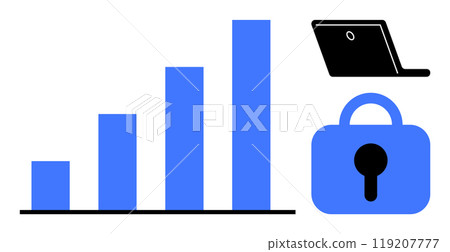 A bar chart indicating growth in combination with a laptop and a padlock. Ideal for business analytics, online security, data management, technology trends, and cybersecurity presentation needs 119207777