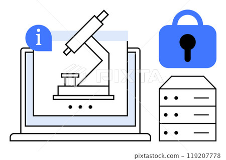 Digital microscope is displayed on a laptop screen accompanied by a locked padlock and a server stack. Ideal for technology, data security, scientific research, online information, digital analysis 119207778