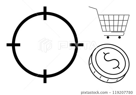 A black target symbol, a black dollar coin and a black shopping cart on a white background. Ideal for business, finance, marketing, e-commerce, investment. Simple, clean, modern A black target symbol, a black dollar coin and a black shopping cart on a white background. Ideal for business, finance, marketing, e-commerce, investment. Simple, clean, modern 119207780
