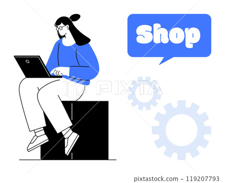 Woman in casual outfit using laptop while seated on block. Accompanying text in speech bubble reads shop. Gears in background. Ideal for e-commerce, online retail, shopping, technology, and business 119207793
