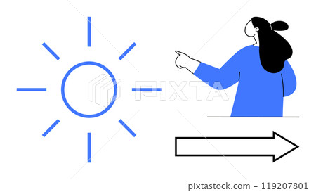 A person points towards a radiant sun with an arrow indicating direction. Ideal for guidance, positivity, direction, optimism, and motivation themes. Simple vector style emphasizing blue and black A person points towards a radiant sun with an arrow indicating direction. Ideal for guidance, positivity, direction, optimism, and motivation themes. Simple vector style emphasizing blue and black 119207801