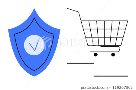 Shield with check mark and shopping cart in minimalist style, representing safe online shopping. Ideal for e-commerce, cybersecurity, online payments, shopping safety, user protection Shield with check mark and shopping cart in minimalist style, representing safe online shopping. Ideal for e-commerce, cybersecurity, online payments, shopping safety, user protection 119207802