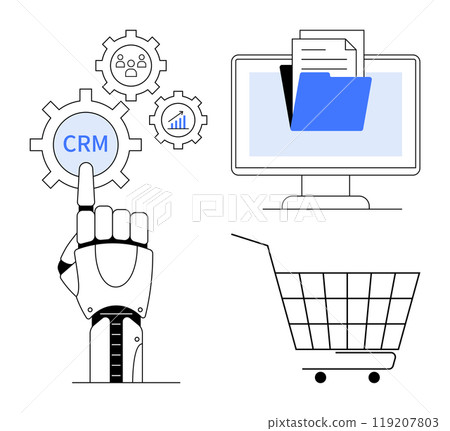 Robotic hand pointing to CRM gear, gears with people and data charts, monitor with files, and empty shopping cart. Simple tech. Ideal for automation, CRM, tech, data management, ecommerce, digital 119207803