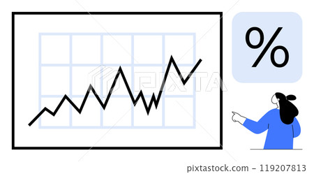 A person points at a growth chart with a prominent percentage sign. Ideal for financial analysis, business growth, data visualization, statistics, and market trends. Simple vector style 119207813