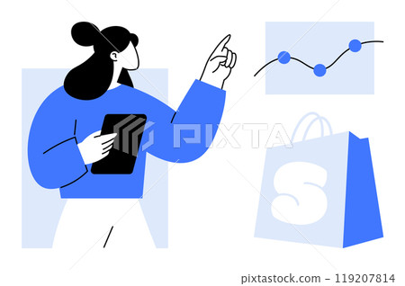 Female figure holding a tablet pointing at a growth chart with a shopping bag in the background. Ideal for business presentations, data analysis, e-commerce, marketing strategies, and financial 119207814