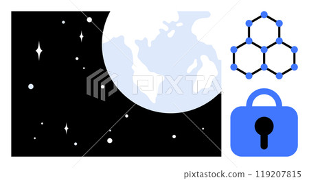 Earth viewed from space shows connectivity and security. Ideal for technology, cybersecurity, global network, space exploration, digital communication. Simplistic, modern, minimal 119207815