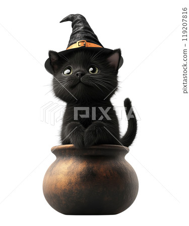 A mischievous black kitten, wearing a pointed witch's hat, peeks out from a cauldron, isolated on a transparent background. A mischievous black kitten, wearing a pointed witch's hat, peeks out from a cauldron, isolated on a transparent background. 119207816
