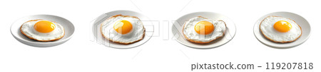 Four perfectly cooked fried eggs, each with a golden-brown crust and a runny yolk, are arranged on white plates, isolated on a transparent background. 119207818