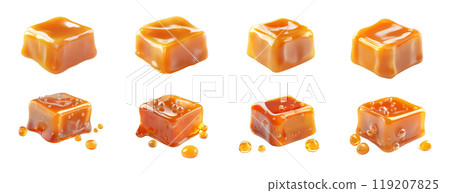 A collection of caramel candies, in various stages of melting and dripping, showcases their gooey texture and rich amber color. A collection of caramel candies, in various stages of melting and dripping, showcases their gooey texture and rich amber color. 119207825
