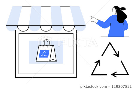 A small shop with an awning displays a shopping bag with a recycling symbol in the window. A person points at the shop, and there is another larger recycling symbol to the right 119207831