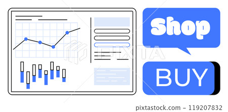 A business dashboard shows data charts and graphs, alongside blue shop and buy buttons. Ideal for online shopping trends, business analysis, e-commerce strategies, digital marketing, and web 119207832