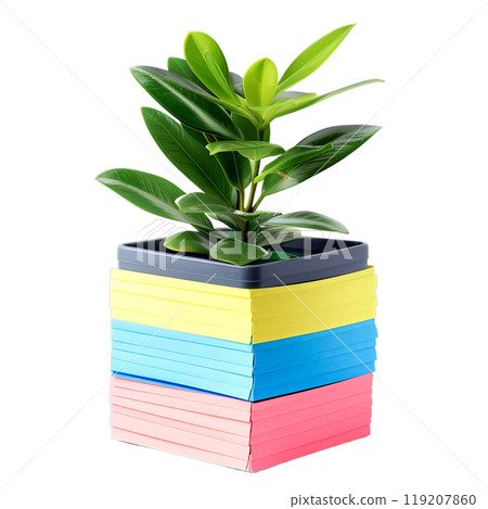 A small, green plant with vibrant leaves grows in a colorful, stacked planter made of cardboard or paper, isolated on a transparent background. A small, green plant with vibrant leaves grows in a colorful, stacked planter made of cardboard or paper, isolated on a transparent background. 119207860