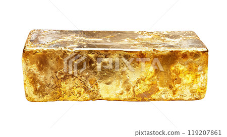 A gleaming gold ingot, with a rough, textured surface and a slightly irregular shape, is isolated on a transparent background. 119207861