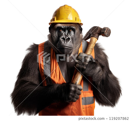 A gorilla, wearing a construction helmet and orange vest, wields a hammer, isolated on a transparent background. A gorilla, wearing a construction helmet and orange vest, wields a hammer, isolated on a transparent background. 119207862