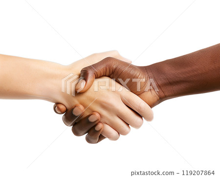 Two hands, one light-skinned and one dark-skinned, clasp in a firm handshake, symbolizing unity and cooperation. Two hands, one light-skinned and one dark-skinned, clasp in a firm handshake, symbolizing unity and cooperation. 119207864