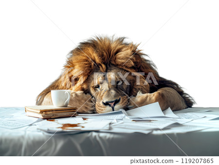 A majestic lion, with a weary expression, rests its head on a pile of paperwork and a coffee cup, overwhelmed by its workload. 119207865