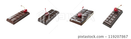 Four chocolate bars, each topped with a bright red cherry, are arranged in a row, isolated on a transparent background. 119207867