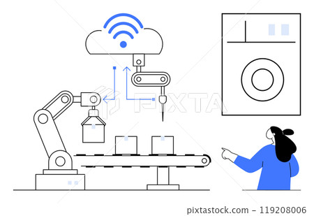 Robotic arm working on an assembly line with cloud connectivity symbol, overseen by a person. Ideal for factory automation, technology in manufacturing, smart industrial systems, workforce 119208006